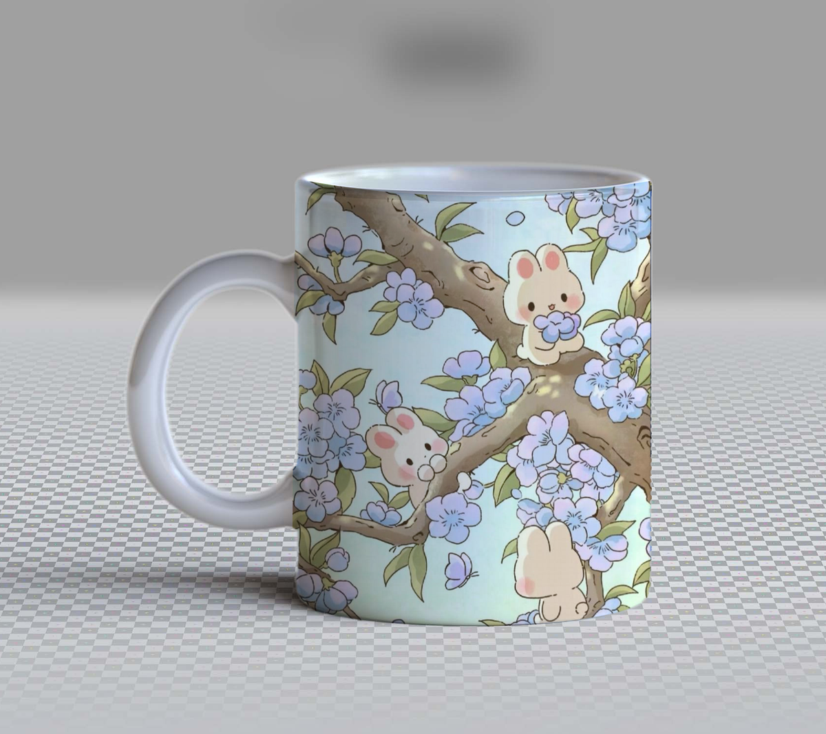 Cute Easter Bunny Cherry Blossoms Ceramic Coffee Mug – 11oz Aesthetic Light Blue Tea Cup, Kawaii Spring Floral & Rabbit Pattern Mug for Coffee Lovers, Lovely Birthday Gift for Women, Girls & Teens