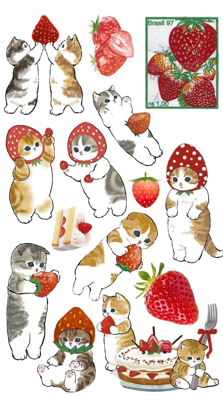 Cute Strawberry Cat Stickers Pack - Kawaii Kitten and Red Fruit Vinyl Decals with Strawberry Cake for Water Bottles, Laptops, Journals, Phone, and Scrapbook (Pack of