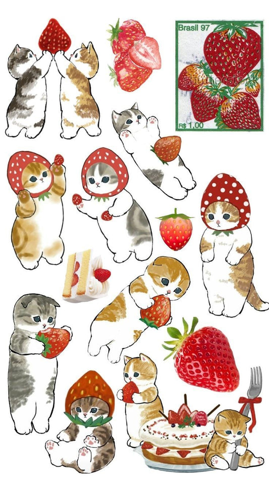 Cute Strawberry Cat Stickers Pack - Kawaii Kitten and Red Fruit Vinyl Decals with Strawberry Cake for Water Bottles, Laptops, Journals, Phone, and Scrapbook (Pack of
