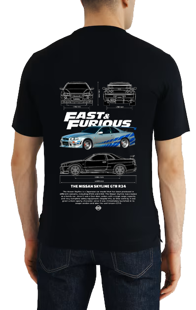 Nissan Skyline GT-R R34 Car t- shirt One Size Black Back 8
