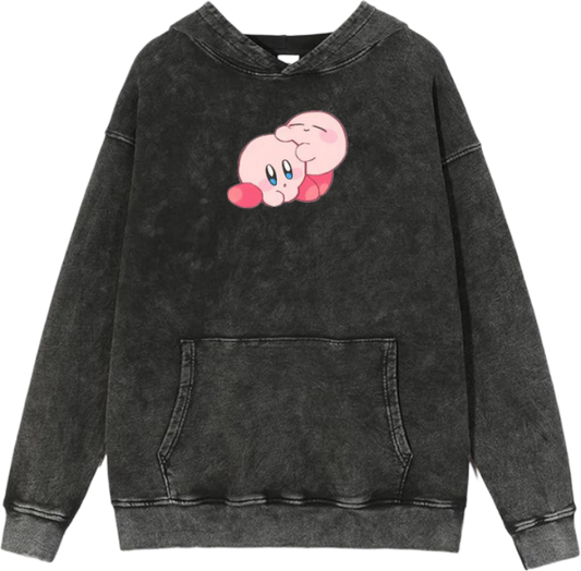 Cute Pink Anime Kirby Character Graphic Vintage Washed Hoodie for Women and Men, Kawaii Cartoon Dark Grey Pullover Sweatshirt 10