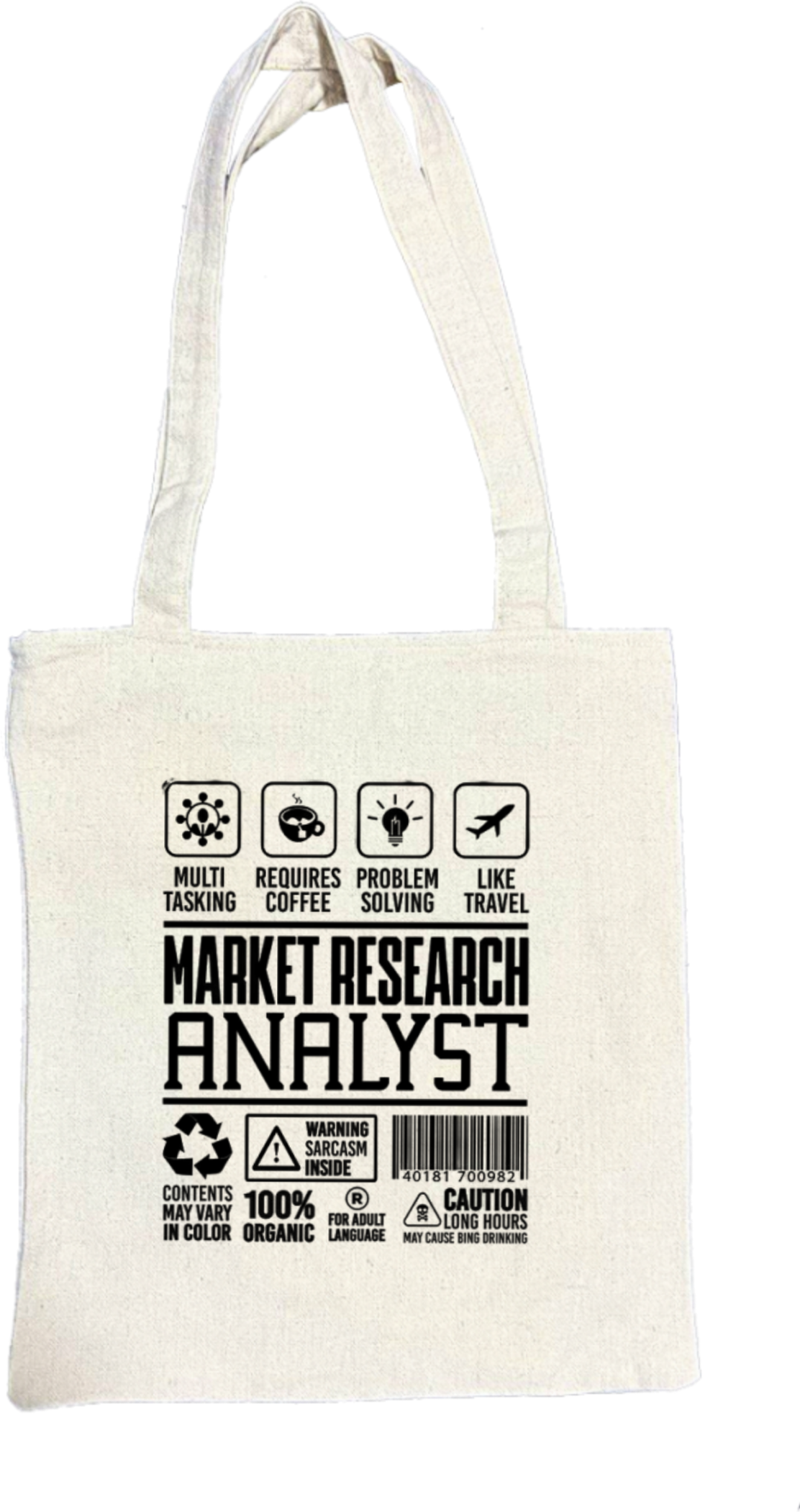 MARKET RESEARCH ANALYST Back text tote bag beige 118