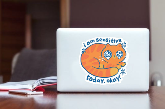"I Am Sensitive Today" Cute Orange Cat Laptop Sticker, Kawaii Crying Kitty Vinyl Decal for Laptop, Water Bottle, Journal, and Kindle