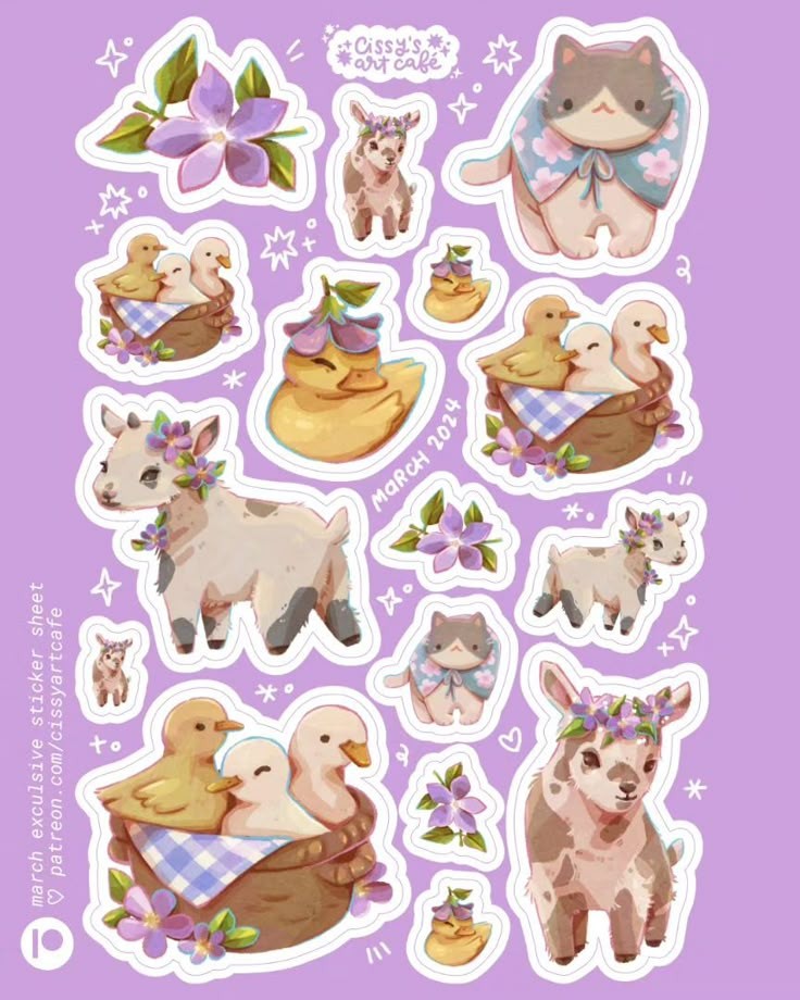 Cute Farm Animals Stickers Pack - Kawaii Baby Goat, Ducklings, and Cat Vinyl Decals with Purple Flowers Aesthetic for Water Bottles, Laptops, Journals, Scrapbook (Pack of