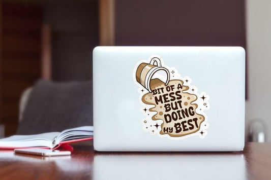 "Doing My Best" Spilled Coffee Laptop Sticker, Cute Coffee Lover & Mental Health Vinyl Decal for Laptop, Water Bottle, and Journal