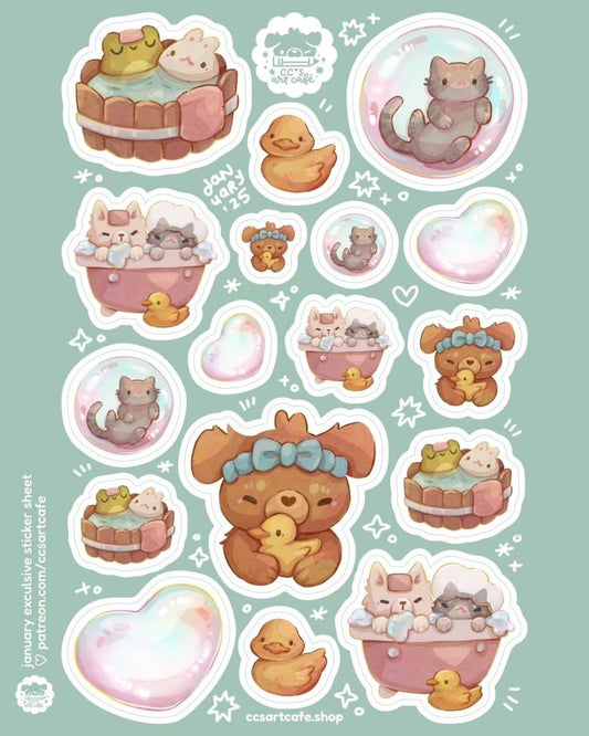 Cute Kawaii Bath Time Stickers Pack - Funny Cat, Teddy Bear, Duckling, and Bubble Vinyl Decals for Water Bottles, Laptops, Journals, and Scrapbook (Pack of