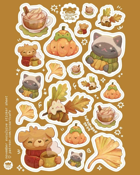 Autumn Fall Aesthetic Stickers Pack - Cute Kawaii Cat, Bear, Pumpkin, and Coffee Vinyl Decals for Water Bottles, Laptops, Journals, Scrapbook (Pack of
