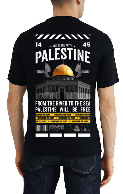 WE STAND WITH PALESTINE Back text One Size t- shirt Black Back 109