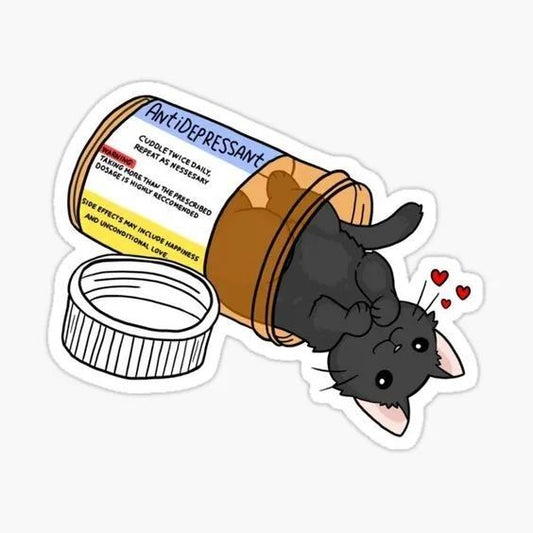 "Antidepressant" Funny Cat Vinyl Sticker - Cute Black Kitten Pill Bottle Decal for Kindle, Laptop, Water Bottle & Journal - Humorous Mental Health Gift for Cat Lovers & Friends