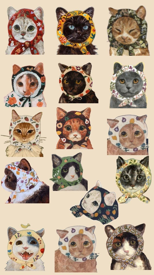 Vintage Cat in Scarf Stickers Pack - Cute Aesthetic Retro Babaushka Kitten Vinyl Decals for Water Bottles, Laptops, Journals, Scrapbook, and Phone