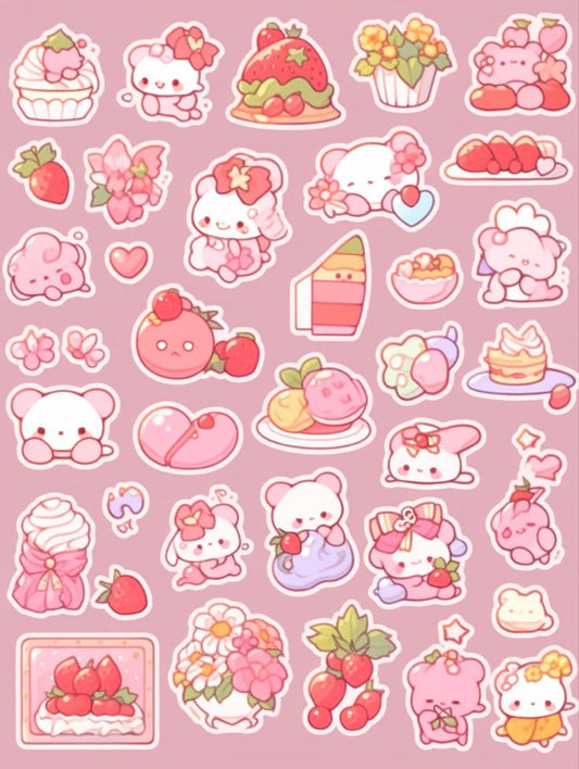 Cute Pink Aesthetic Stickers Pack - Kawaii Cartoon Characters, Sweets, Strawberries, and Flowers Vinyl Decals for Water Bottles, Laptops, Journals, Scrapbook