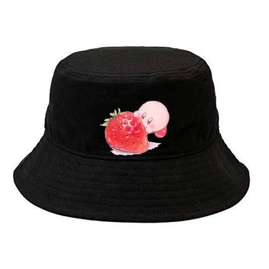 Cute Anime Kirby Bucket Hat, Kawaii Pink Character Black Sun Fisherman Cap, Y2K Streetwear Summer Beach Hat for Women and Men 11