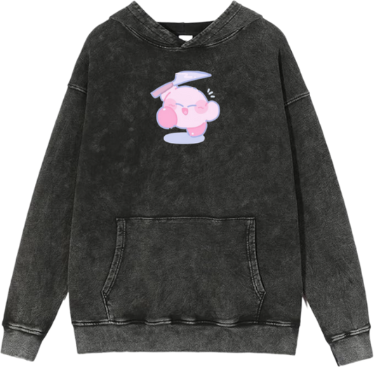 Cute Pink Anime Kirby Character Graphic Vintage Washed Hoodie for Women and Men, Kawaii Cartoon Dark Grey Pullover Sweatshirt 11