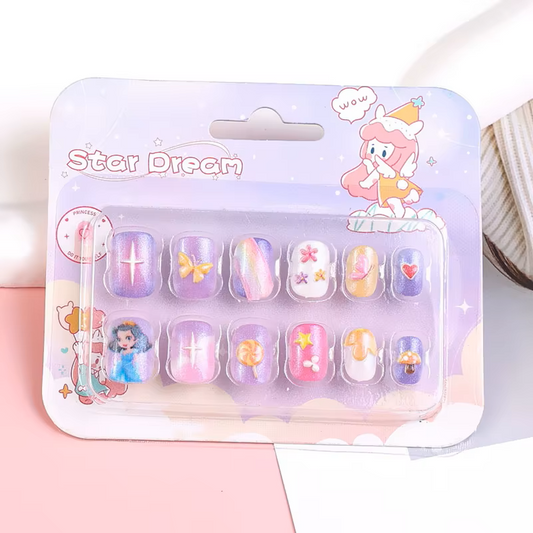 kids press on nails, fake nails for girls, cartoon false nails, safe non toxic nails, star dream kids manicure, 3d butterfly nails, fairy princess fake nails, toddler pressons pack, short square press on nails, pre glued kids nails