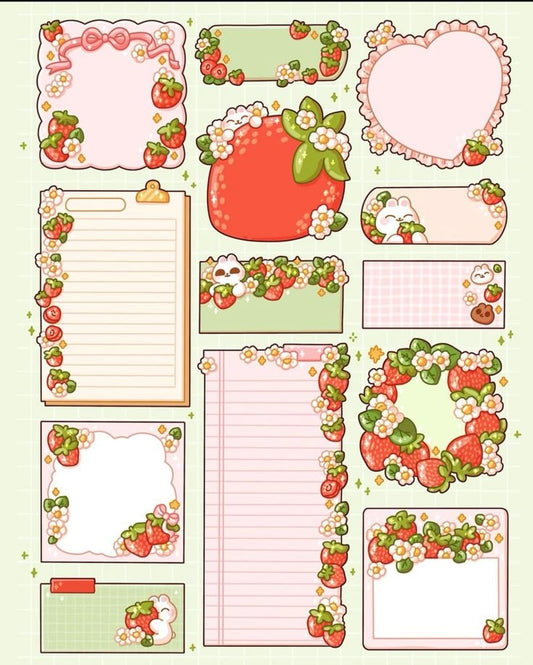 Cute Strawberry Memo Pads and Sticky Notes Pack - Kawaii Bunny, Flower, and Fruit Journaling Stationery Decals for Bullet Journal, Planner, Scrapbook, and School Supplies