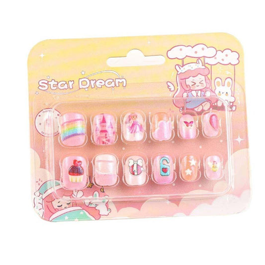 kids press on nails, fake nails for girls, cartoon false nails, safe children manicure, pre glued fake nails, rainbow cupcake nails, pink castle nail art, fairy princess pressons, toddler dress up kit, non toxic children nails