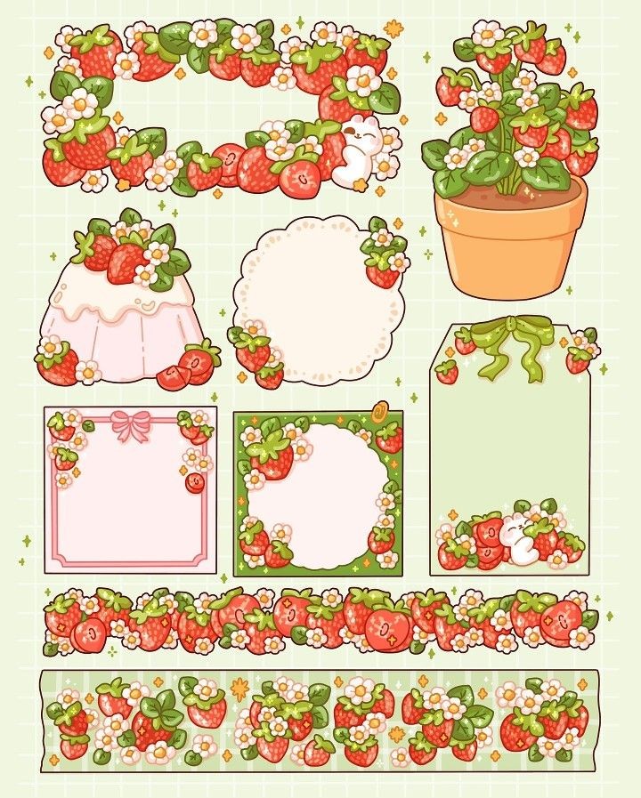 Cute Strawberry Memo Pads and Washi Tape Strips Pack - Kawaii Fruit, Flower Frames, and Bunny Journaling Stationery Decals for Bullet Journal, Planner, and Scrapbook