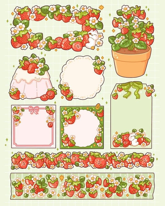 Cute Strawberry Memo Pads and Washi Tape Strips Pack - Kawaii Fruit, Flower Frames, and Bunny Journaling Stationery Decals for Bullet Journal, Planner, and Scrapbook