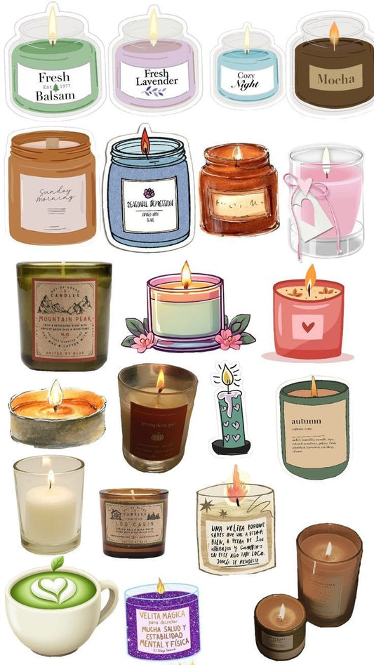 Aesthetic Scented Candle Stickers Pack - Cozy Fall, Lavender, Mocha, and Warm Candle Vinyl Decals for Water Bottles, Laptops, Journals, and Scrapbook
