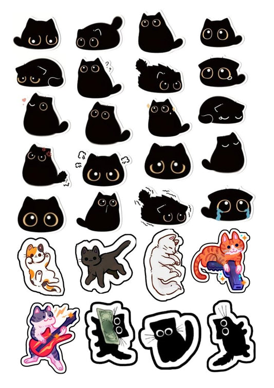 Cute Black Cat Stickers Pack - Funny Kawaii Void Cat and Cartoon Kitten Vinyl Decals for Water Bottles, Laptops, Journals, Scrapbook, and Phone
