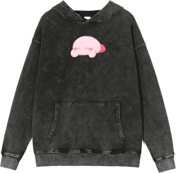 Cute Pink Anime Kirby Character Graphic Vintage Washed Hoodie for Women and Men, Kawaii Cartoon Dark Grey Pullover Sweatshirt 12