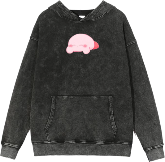 Cute Pink Anime Kirby Character Graphic Vintage Washed Hoodie for Women and Men, Kawaii Cartoon Dark Grey Pullover Sweatshirt 12