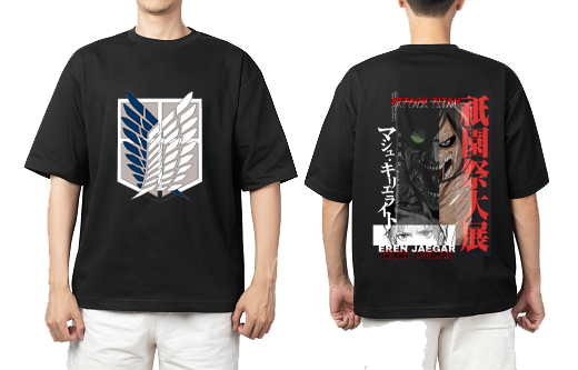 Anime Attack on titan shingeki no kyojin eren levi mikasa Aot black Oversize  t- shirt  back 12