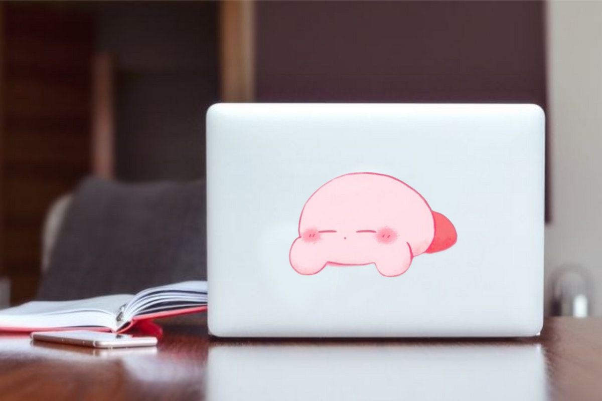 Kawaii Kirby Laptop Sticker, Cute Pink Anime Character Vinyl Decal for MacBook, Waterproof Aesthetic Decal for Water Bottle, Tablet, and Notebook 12