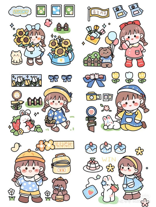 Cute Cartoon Girl and Bear Stickers Pack - Kawaii Aesthetic Little Girl, Sunflower, and Bunny Vinyl Decals for Water Bottles, Laptops, Journals, Scrapbook