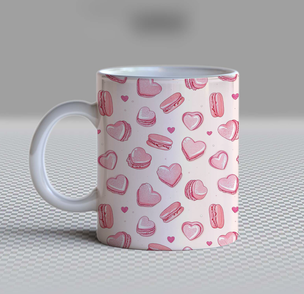 Cute Pink Macaron Heart Ceramic Coffee Mug – 11oz Aesthetic Coquette Tea Cup, Vintage French Bakery Dessert & Hearts Pattern Mug for Coffee Lovers, Lovely Birthday Gift for Women, Girls & Bakers