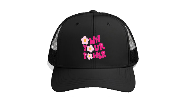 Baseball cap Black' OWN YOUR POWER" in a stacked 1970s bubble font punctuated by custom retro ditsy flowers  182