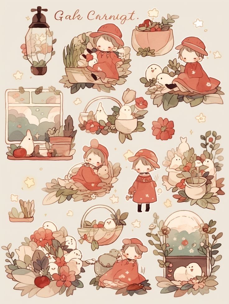 Cute Cozy Aesthetic Autumn Stickers for Journaling & Scrapbooking, Red Coat Girl and White Birds Waterproof Vinyl Decals