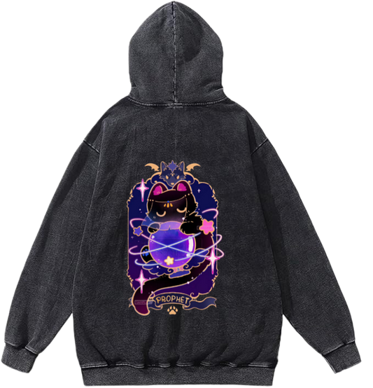 small black cat with a crystal ball One Size hoodie Washed Back 13