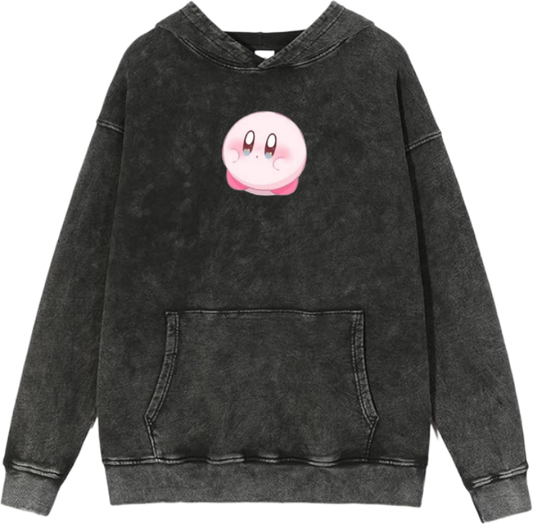 Cute Pink Anime Kirby Character Graphic Vintage Washed Hoodie for Women and Men, Kawaii Cartoon Dark Grey Pullover Sweatshirt 13