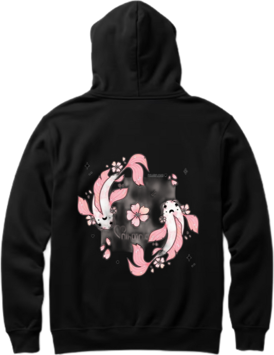 Koi and Sakura Flowers One Size hoodie Black Back 13