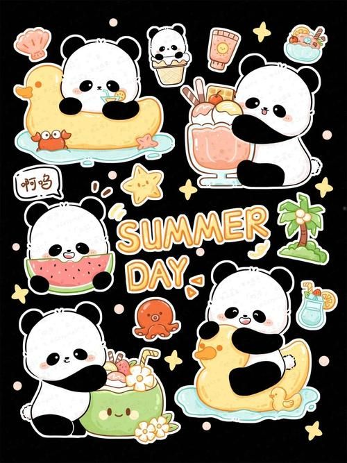 Cute Kawaii Panda Stickers Pack, Aesthetic Summer Day Little Pandas, Ice Cream, Watermelon, and Waterproof Vinyl Decals for Water Bottles, Laptops, Phone, Journal, and Scrapbooking