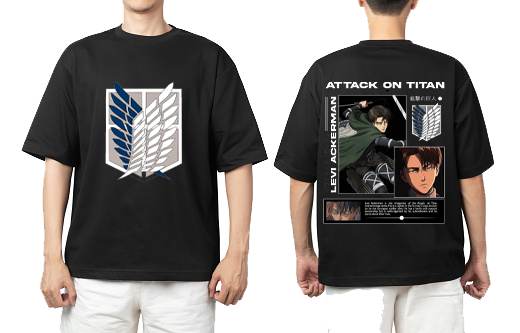 Anime Attack on titan shingeki no kyojin eren levi mikasa Aot black Oversize  t- shirt  back 13
