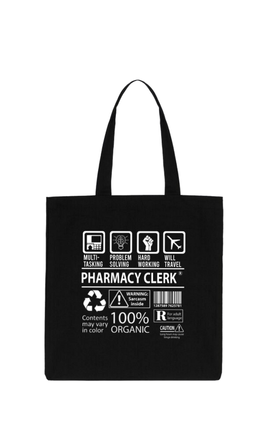 PHARMACY CLERK Back text tote bag Black 128