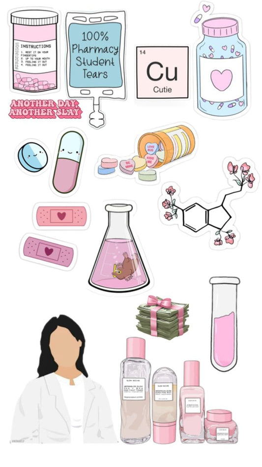 Pharmacy Student Sticker Pack – Cute Pink Chemistry & Skincare Science Vinyl Decals for Laptop, Planner, Water Bottle – Funny Apothecary & Pharmacist Gift for Women, Lab Techs, College Students