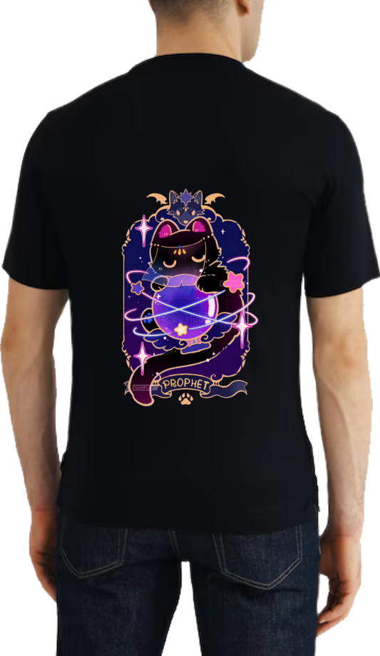 magical cat atop a crystal ball t- shirt One Size Black back 13