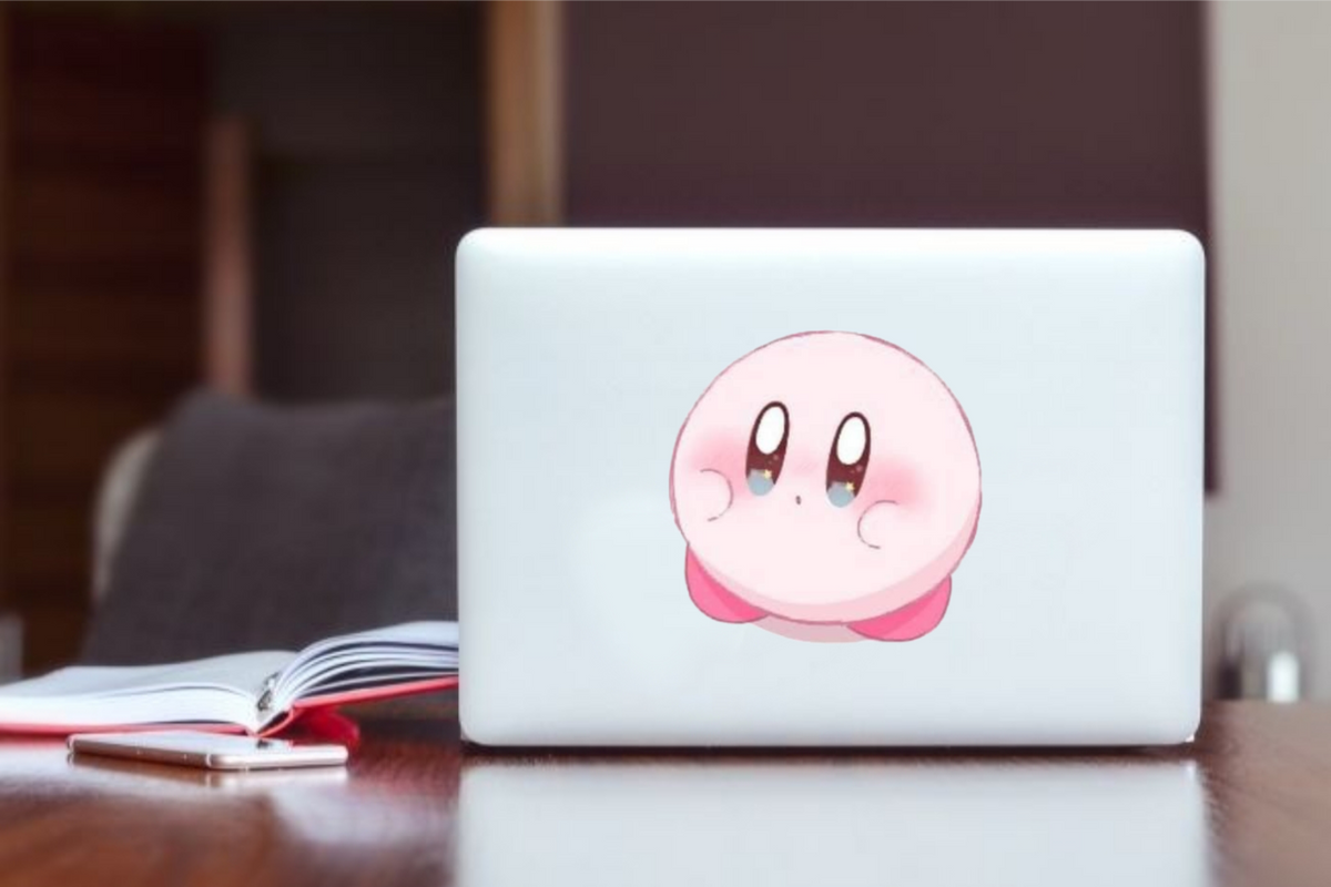 Kawaii Kirby Laptop Sticker, Cute Pink Anime Character Vinyl Decal for MacBook, Waterproof Aesthetic Decal for Water Bottle, Tablet, and Notebook 13