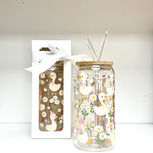 Mug with Wooden Lid and Clear Glass Straw: Practical for Juices and Ice Coffee Little white ducks wearing pink ribbons