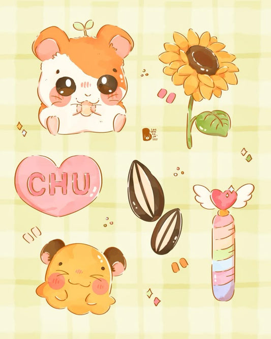 Cute Hamster hamtarou Stickers Pack - Kawaii Little Hamster, Sunflower, and Heart Vinyl Decals for Water Bottles, Laptops, Journals, Scrapbook, and Phone