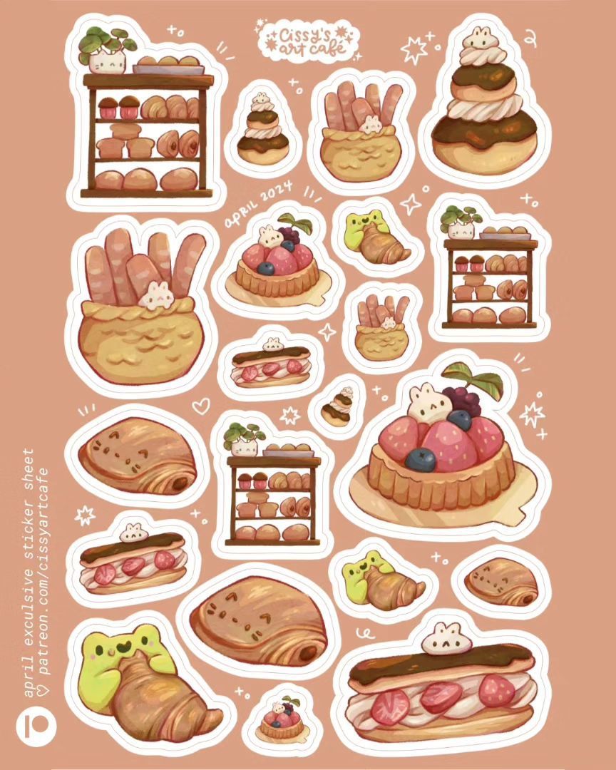 Cute Bakery and Pastry Stickers Pack - Kawaii Bread, Cake, Strawberry Tart, and Frog Vinyl Decals for Water Bottles, Laptops, Journals, and Scrapbook