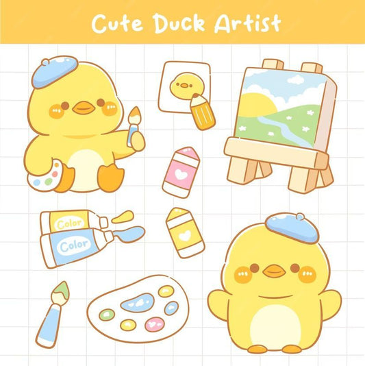Cute Duck Artist Stickers Pack - Kawaii Little Yellow Duck, Paintbrush, Palette, and Art Supplies Vinyl Decals for Water Bottles, Laptops, Journals, and Scrapbook