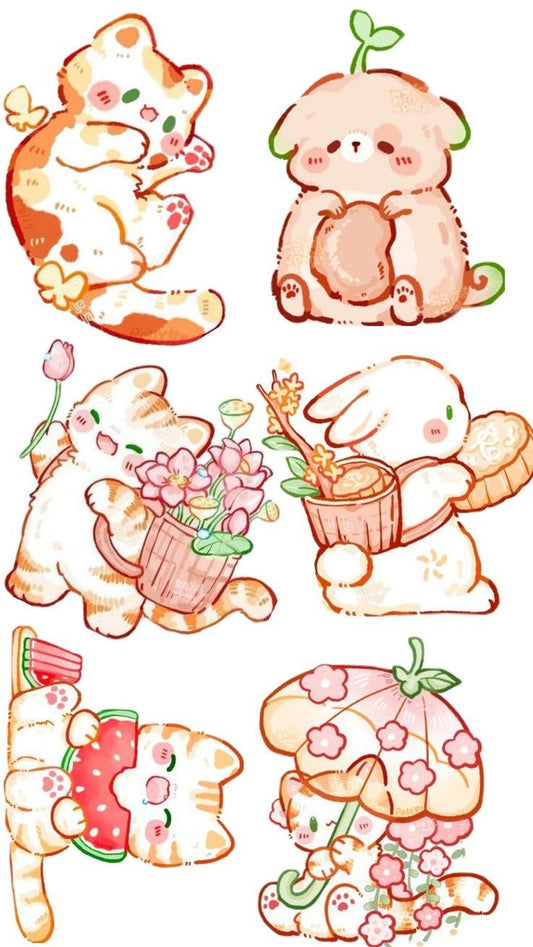 Cute Kawaii Animal Stickers Pack - Aesthetic Cat, Bunny, Dog, Flowers, and Summer Vinyl Decals for Water Bottles, Laptops, Journals, and Scrapbook