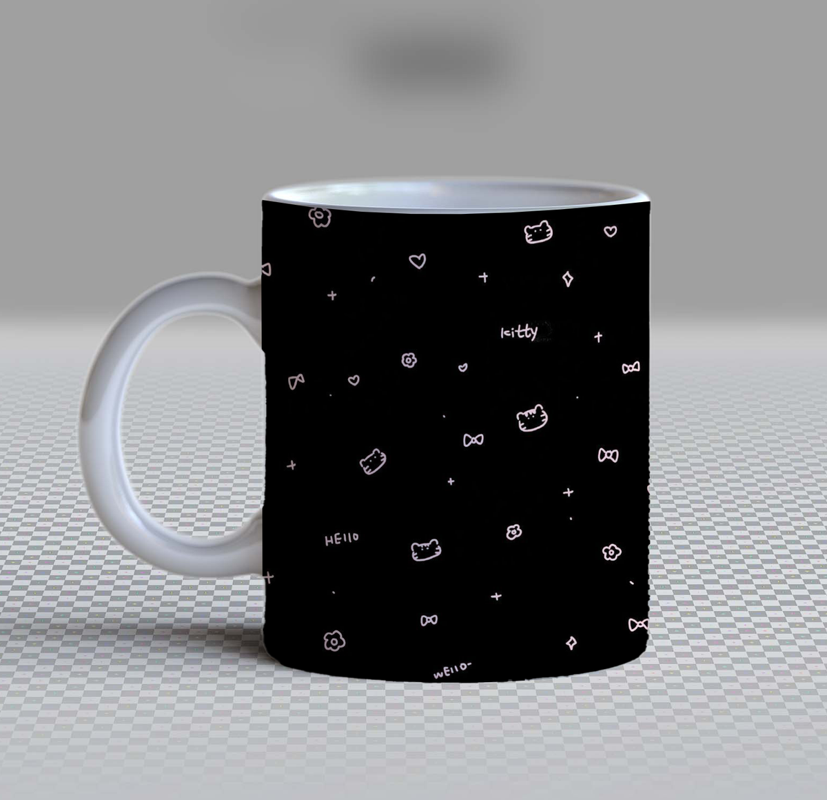 Cute Minimalist Hello Kitty Ceramic Coffee Mug – 11oz Aesthetic Black Tea Cup, Whimsical Hand-Drawn White Ribbon Bow, Stars & Heart Sketch Pattern Mug for Coffee Lovers, Cool Birthday Gift for Women, Girls & Teens