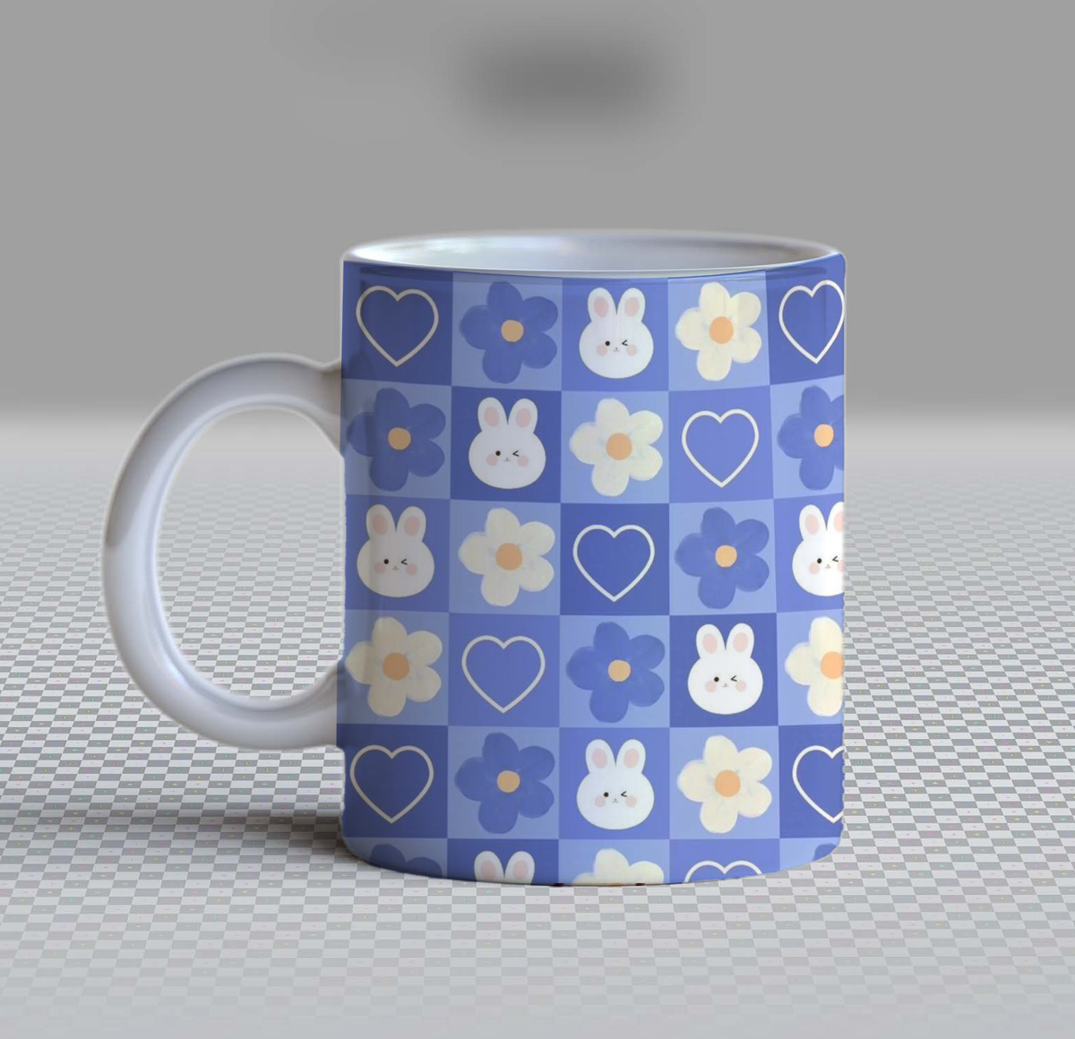 Cute Blue Checkered Bunny Ceramic Coffee Mug – 11oz Aesthetic Gingham Plaid Tea Cup, Trendy Retro Floral Daisy, Heart & Kawaii Rabbit Pattern Mug for Coffee Lovers, Lovely Birthday Gift for Women, Girls & Teens