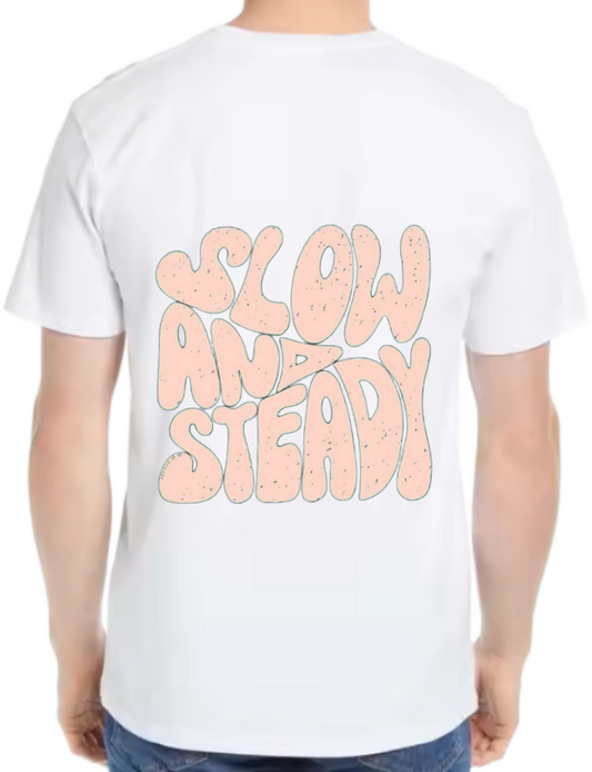SLOW AND STEADY t- shirt One Size White back 14