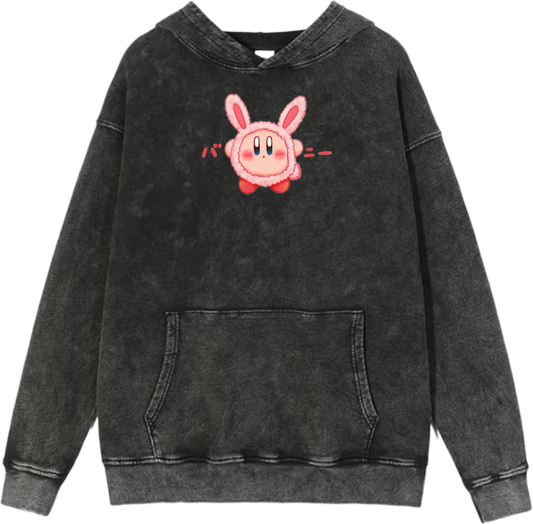 Cute Pink Anime Kirby Character Graphic Vintage Washed Hoodie for Women and Men, Kawaii Cartoon Dark Grey Pullover Sweatshirt 14